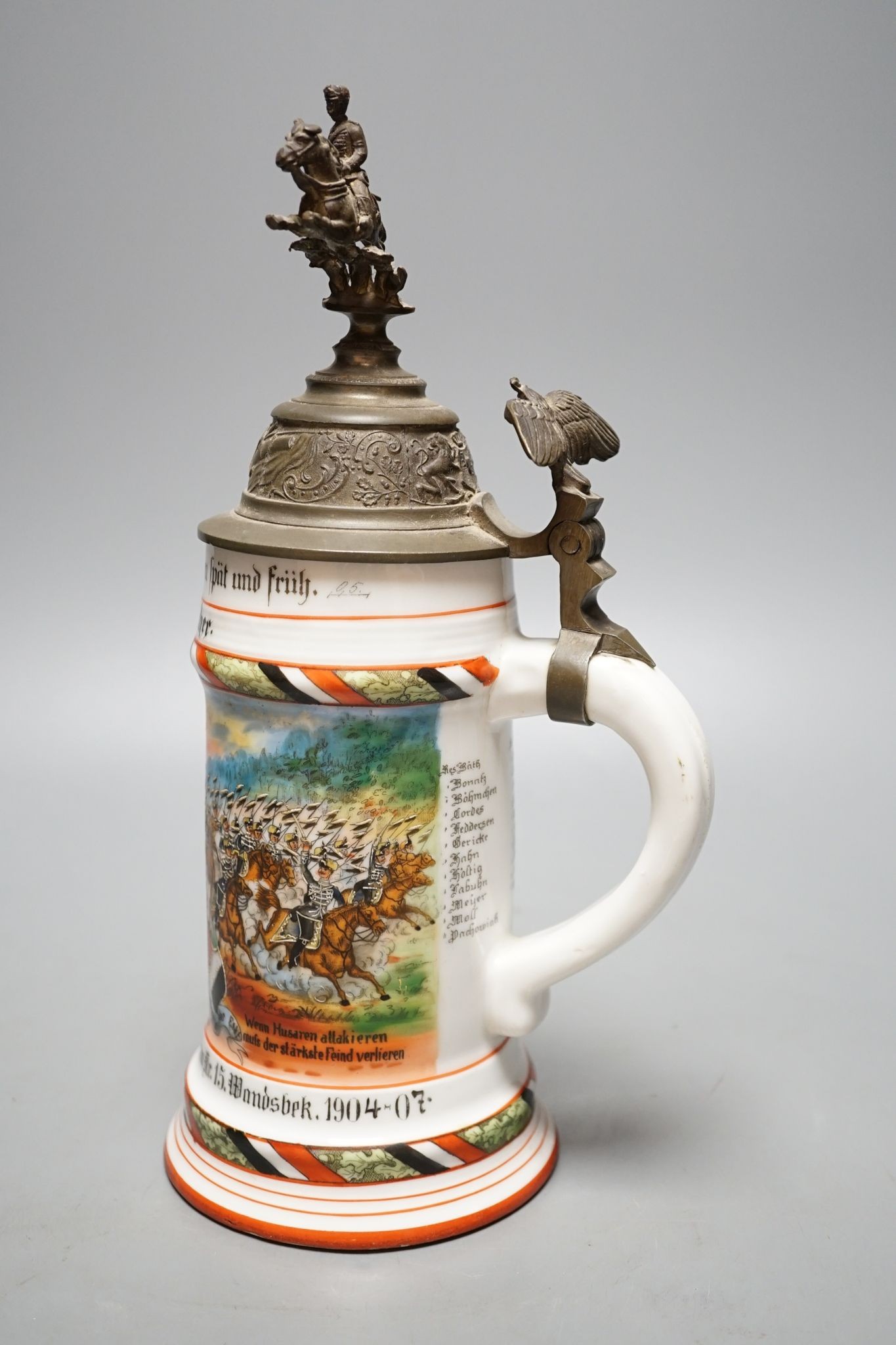 An Imperial German Prussian Reservist commemorative stein, half litre capacity, named to Kulcher, 29 cms high.